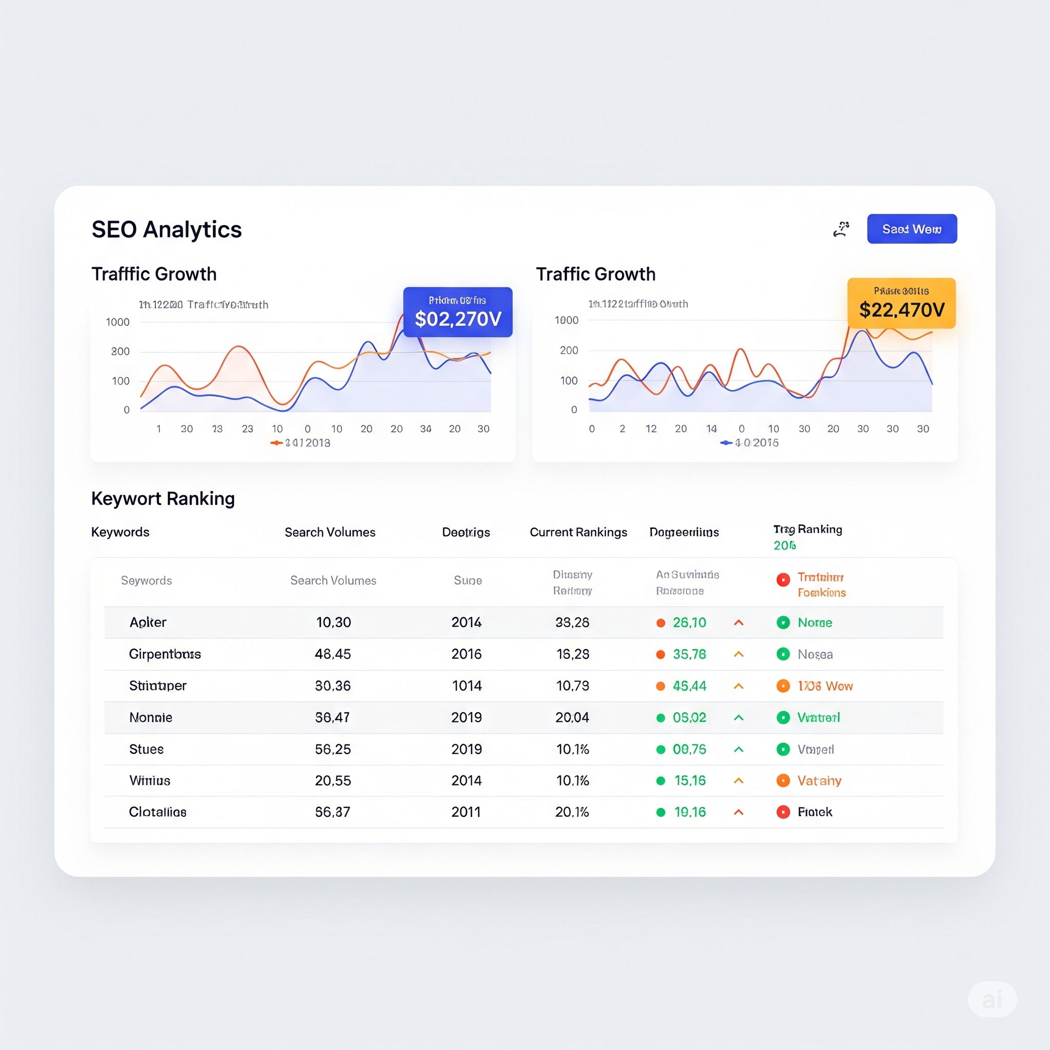SEO Analytics Dashboard showing traffic growth and keyword rankings